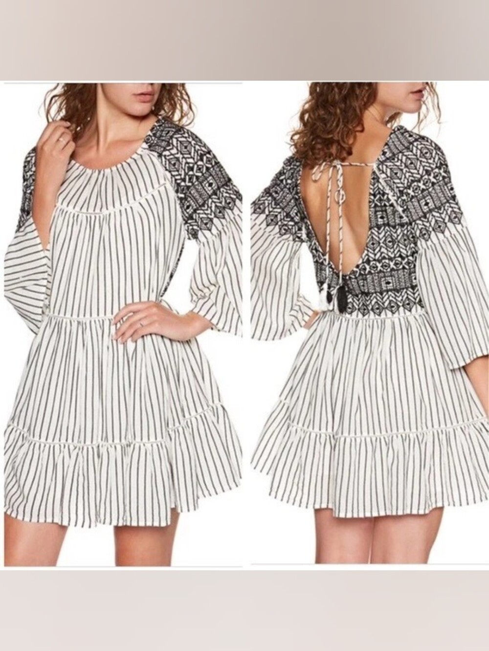 Free People Embroidered Striped Open Back Mini Dress L